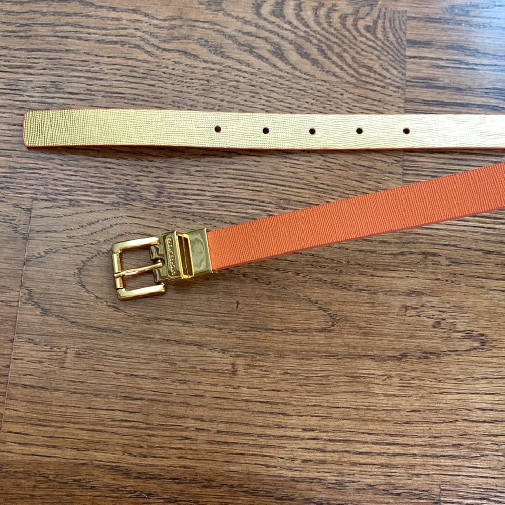 Michael Kors Leather Trouser Belt Iconic Orange with gold trim accent ha… - Picture 3 of 3